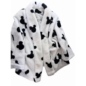 Disney Mickey Mouse Faux Fur Coat Women Lg White Black Silhouette Plush Jacket